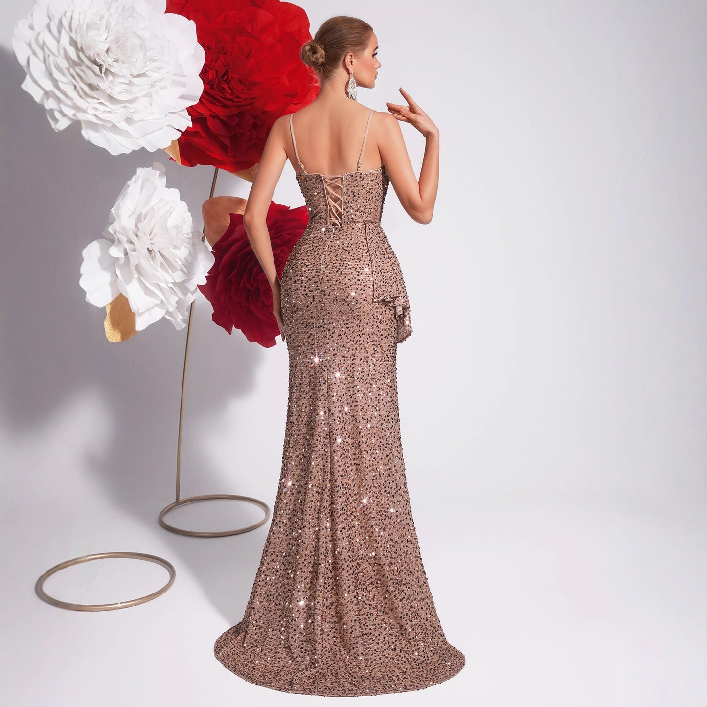 Sequin Sling Slim Fit Slit Banquet Host Party Light Dress