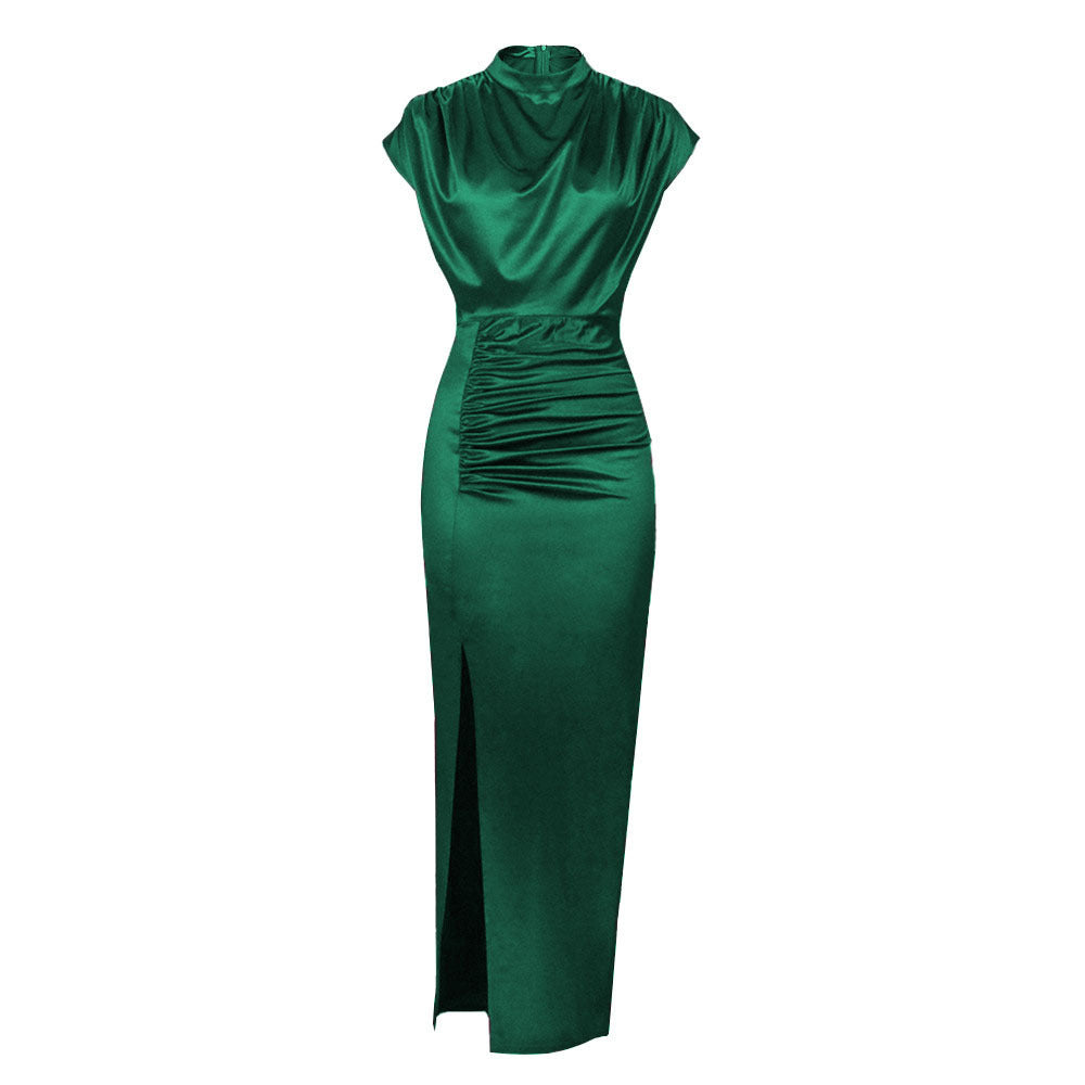 Turtleneck Satin Solid Color Slit Hemline Style Dress
