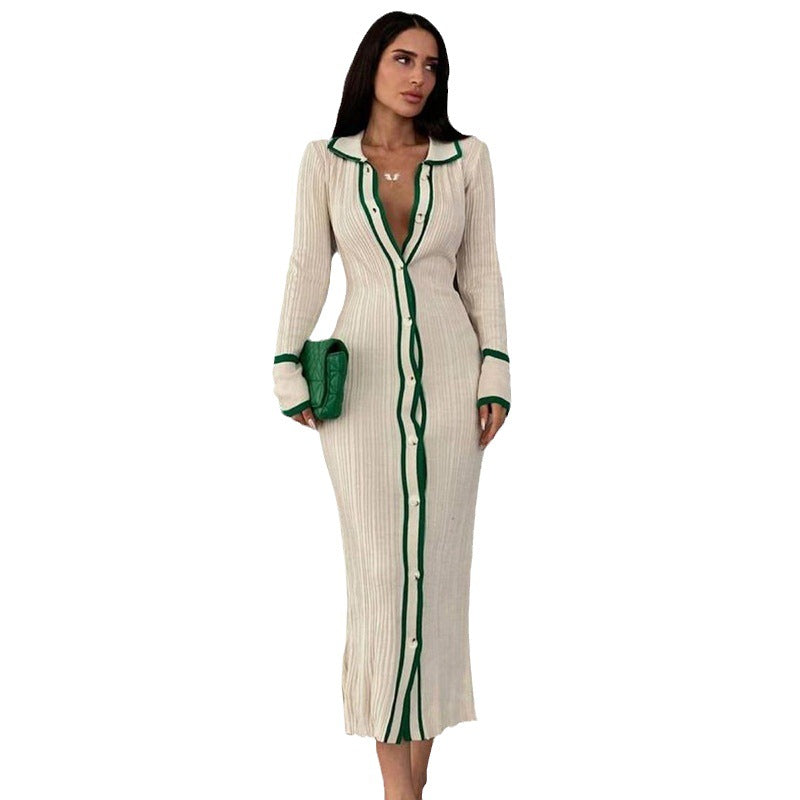 Women's Slim Fit Lapel Patchwork Long-sleeved Dress Dresses