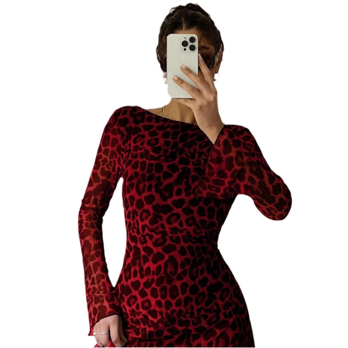 Sexy Backless Leopard Print Long Sleeve Dress