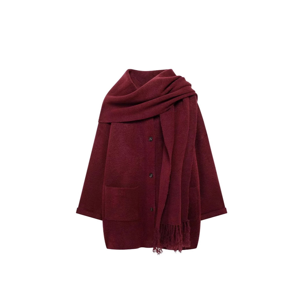 Women's Stylish Elegant Knitted With Scarf Coats