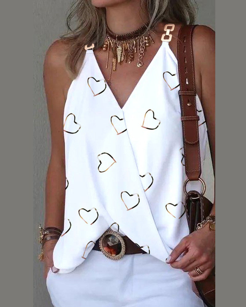 Women's Summer Simple Metal Buckle Printing Small Tops
