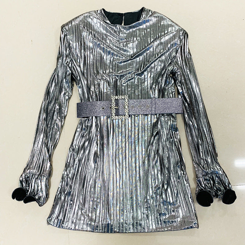 Trendy Unique Belt Shiny Pleated Ultra Shorts