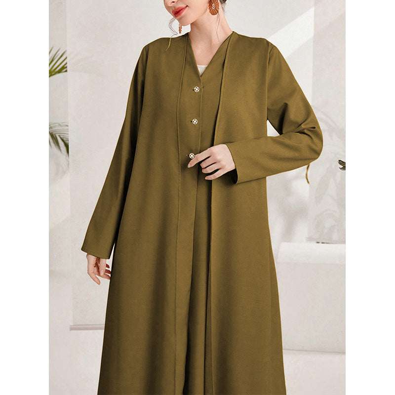 Women's Pocket Pure Color Long Temperament Sleeve Dress