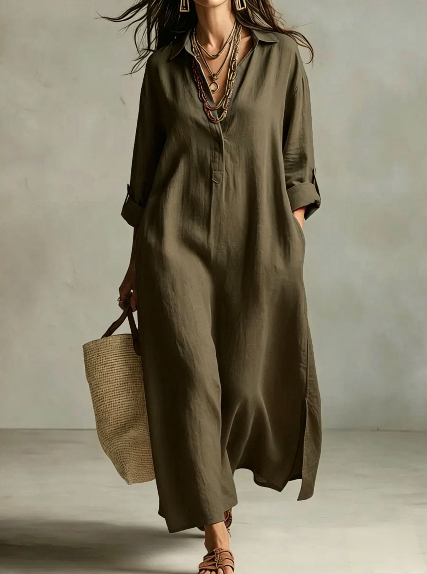 Solid Color Polo Collar Casual Long Sleeve Shirt Idle Dress