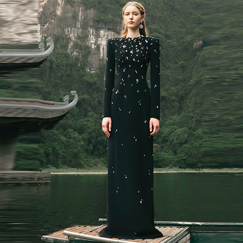 Elegant Beads Rhinestones Long Sleeve Formal Dress
