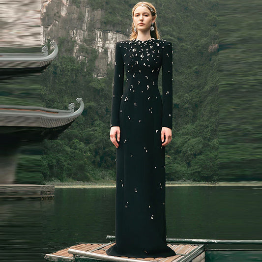 Elegant Beads Rhinestones Long Sleeve Formal Dress