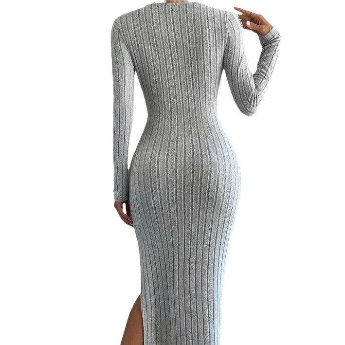 Women's Sunken Stripe Brushed Pure Color Split Dress