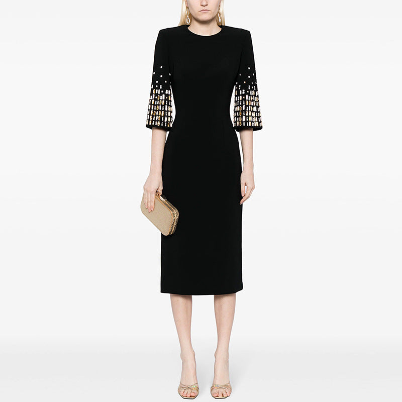 New Classic Fashion Bead Half-sleeve Midi Dress