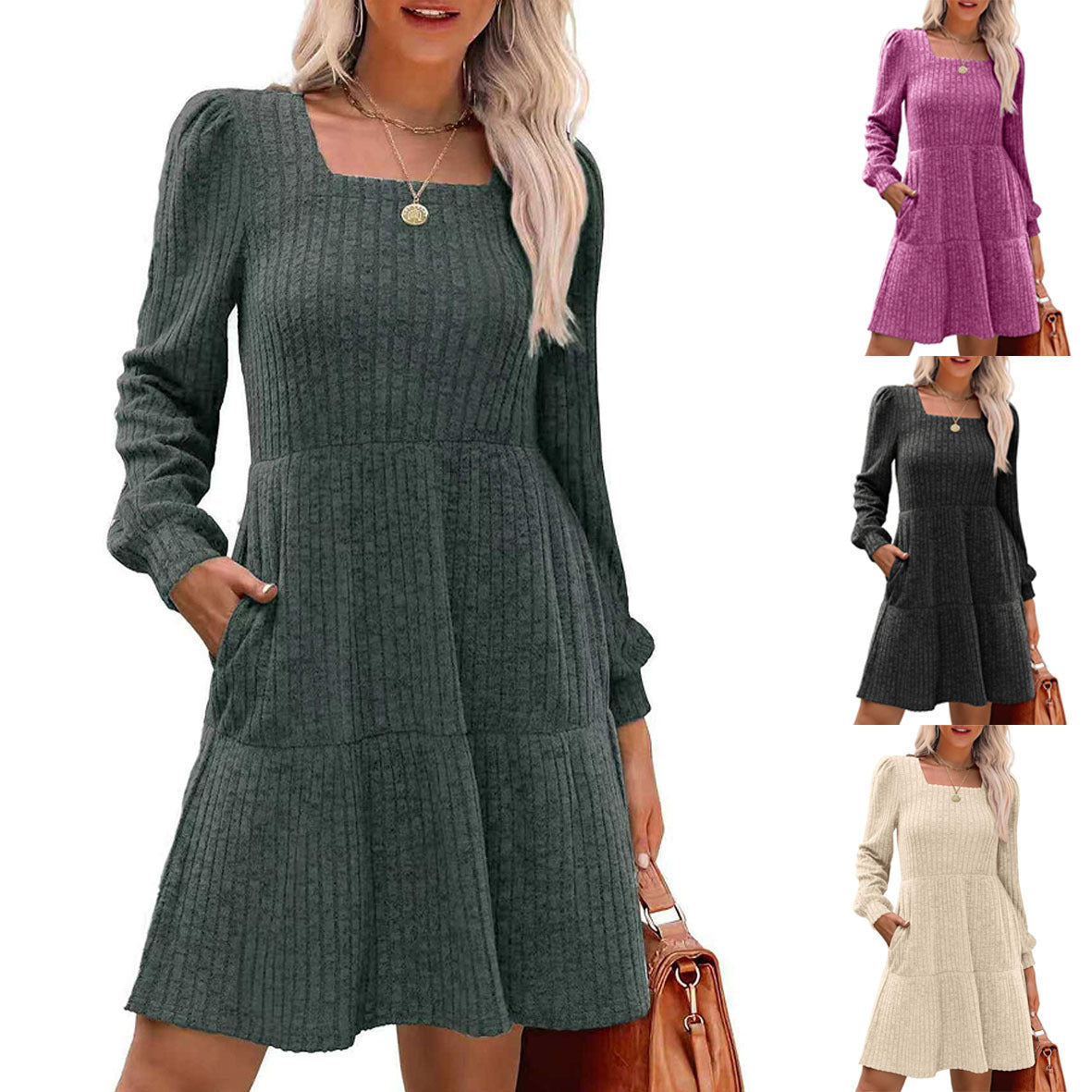 Square Collar Sunken Stripe Knitted Pocket Skirts