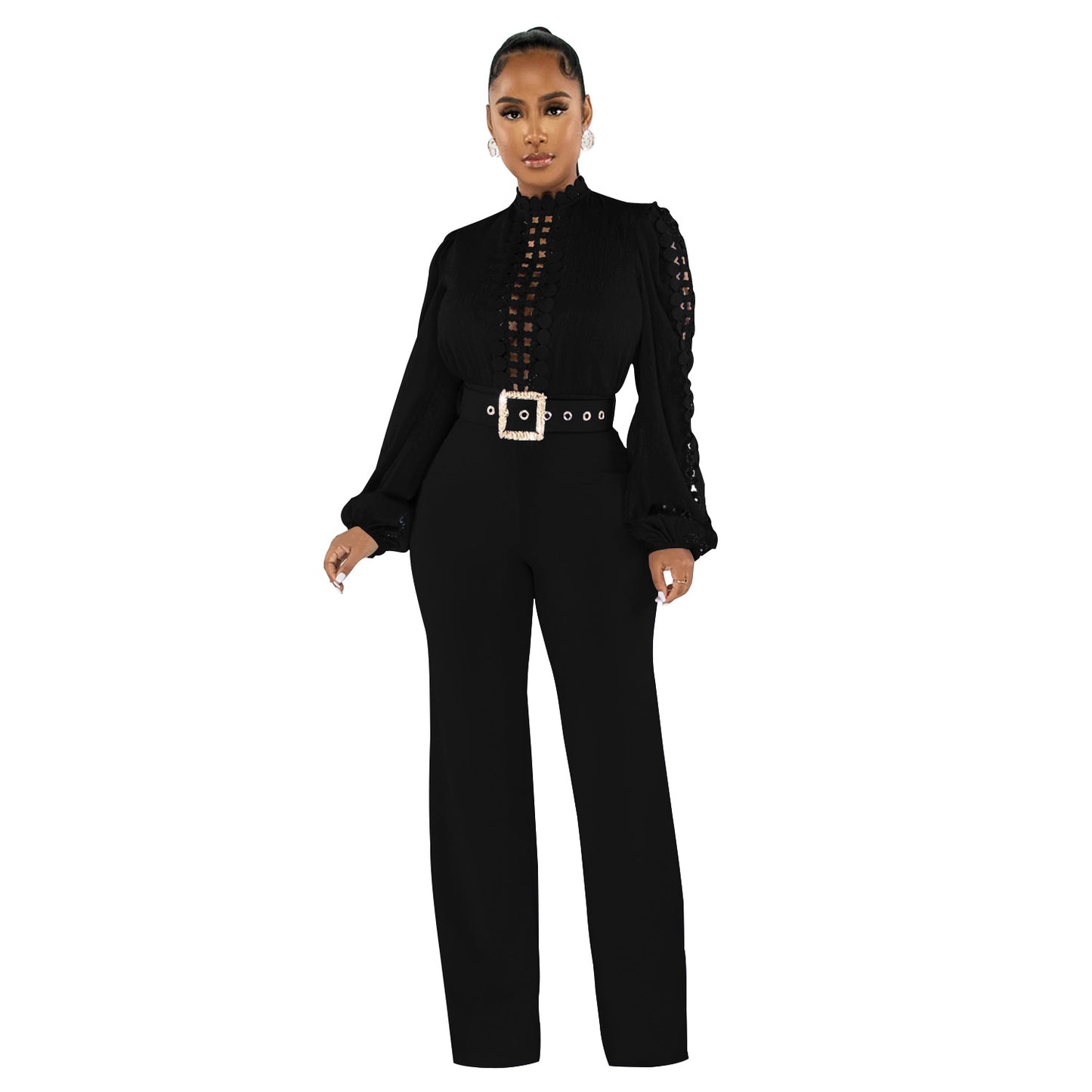 Women's Wear Belt Lace Cutout Solid Color Suits