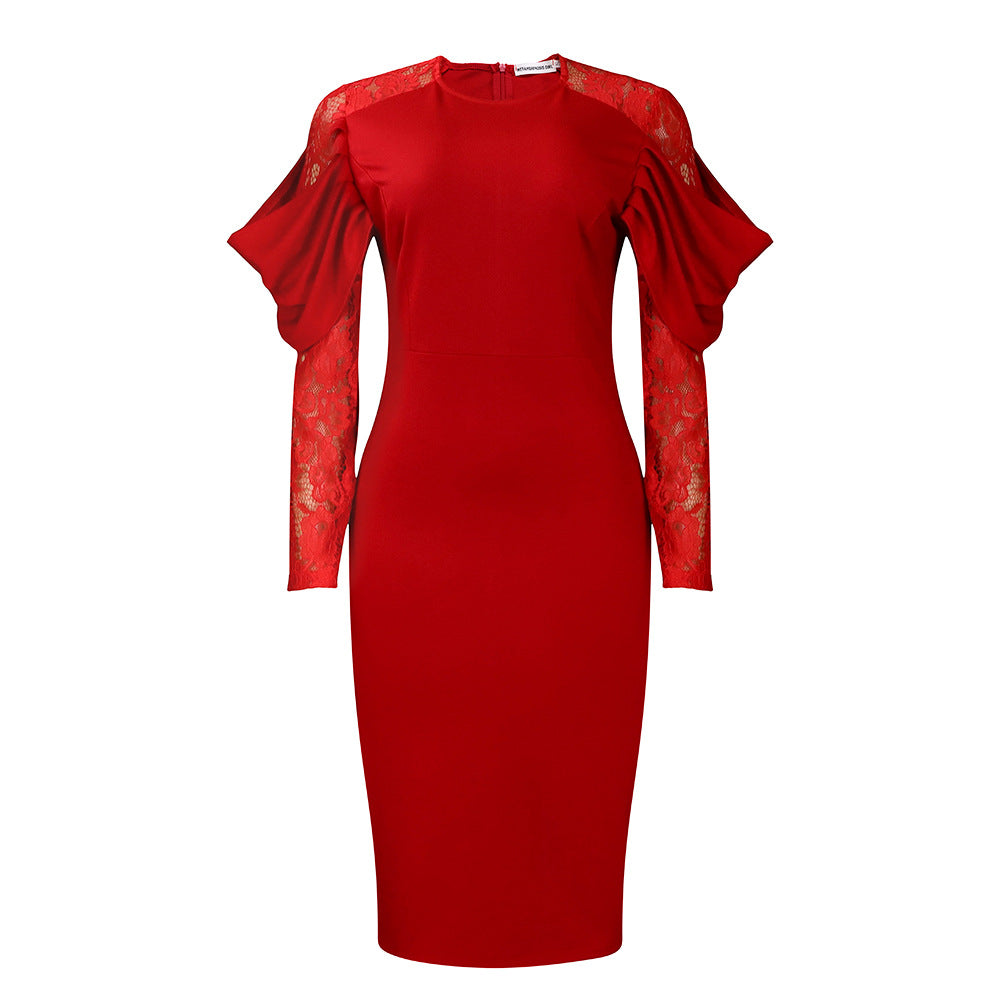 Women's Fashion Temperament Lace Slim Fit Patchwork Dress