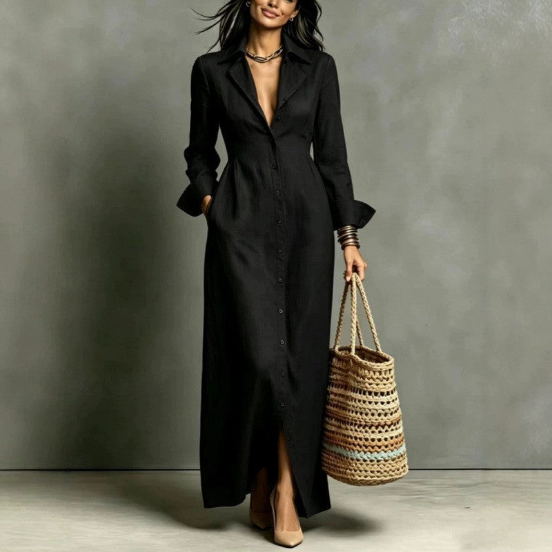 Casual Pocket Solid Color Breasted Lapel Dress