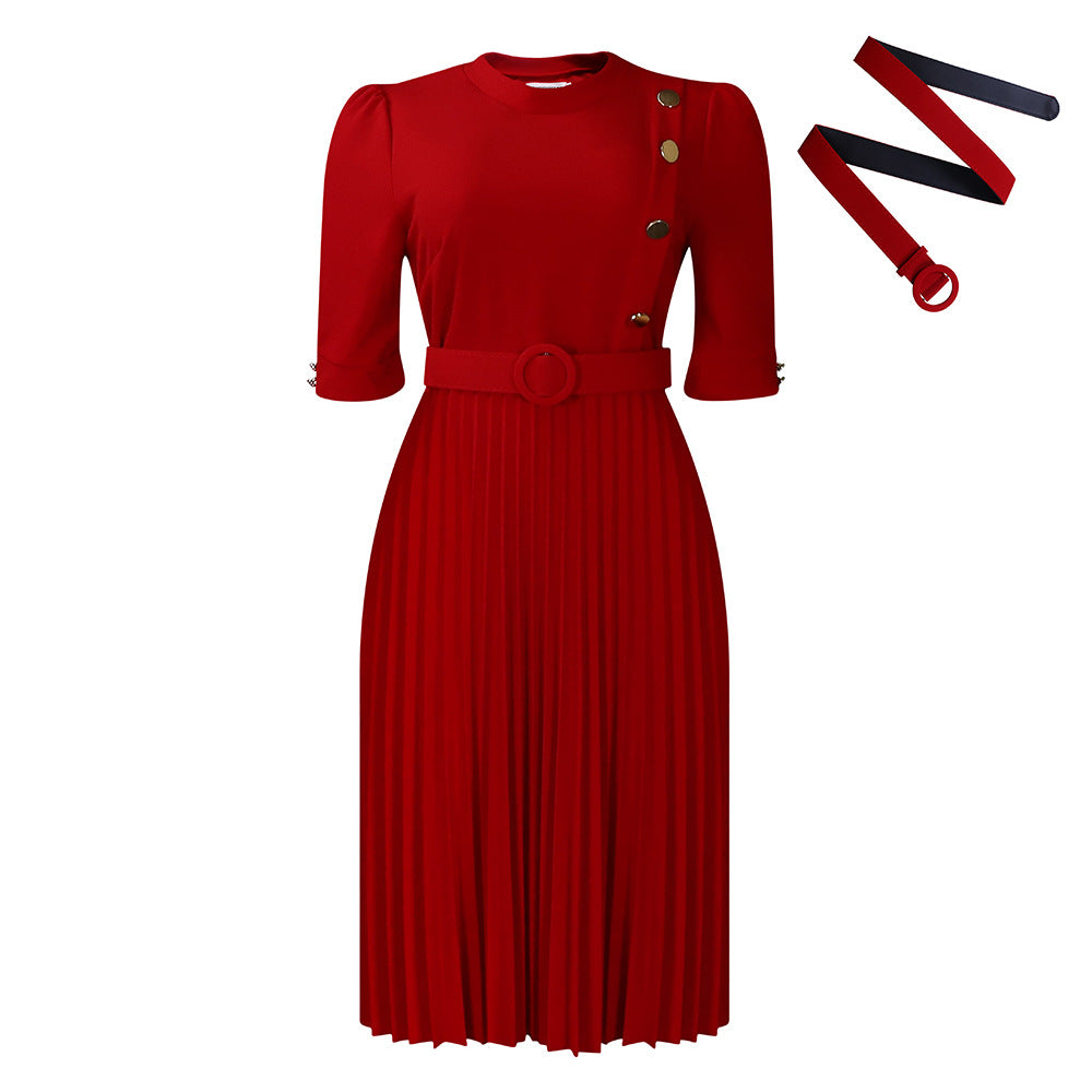 Women's African Temperament Pure Color Pleated Button Dresses