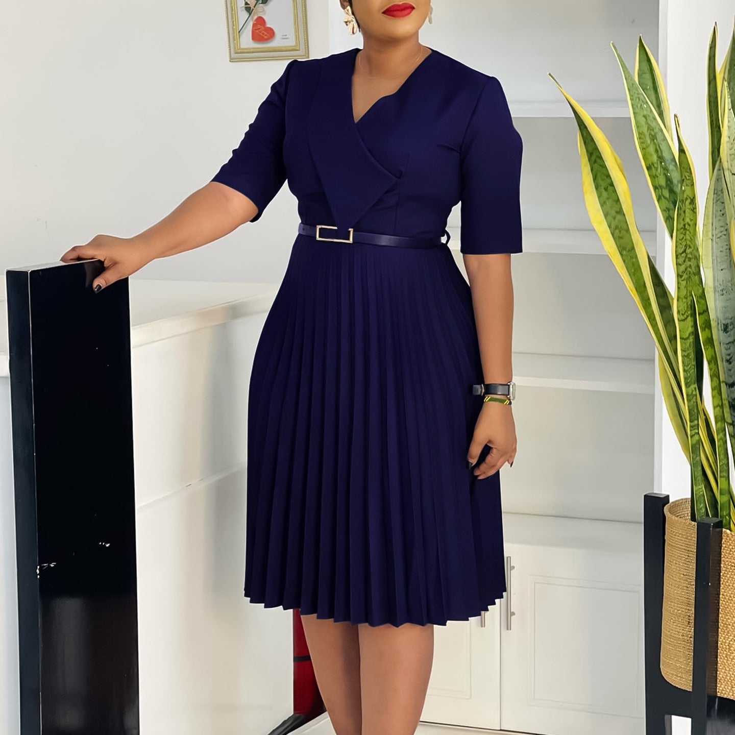Women's Summer Fashion Temperament Solid Color Pleated Plus Size