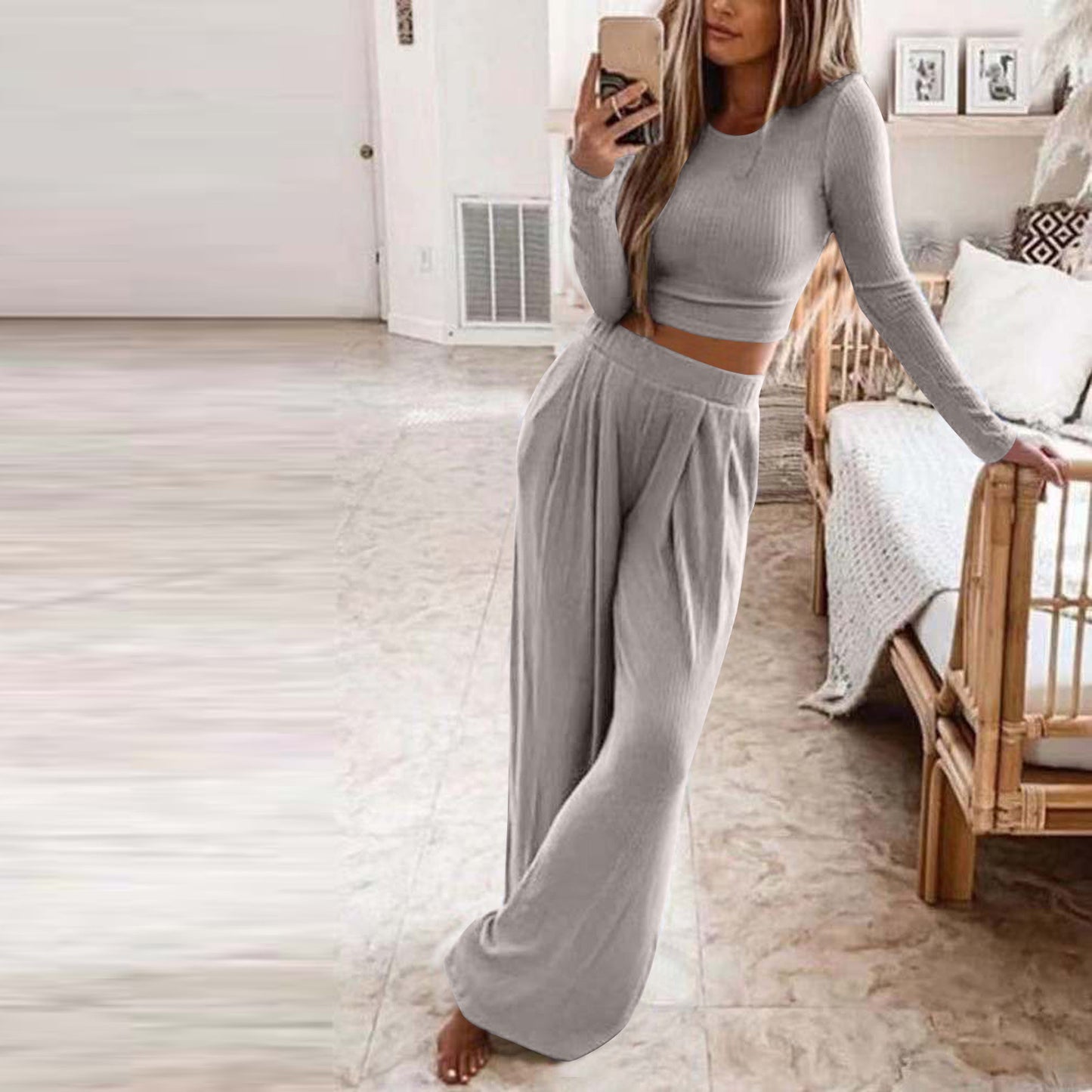 Women's Solid Color Knit Home Two-piece For Suits