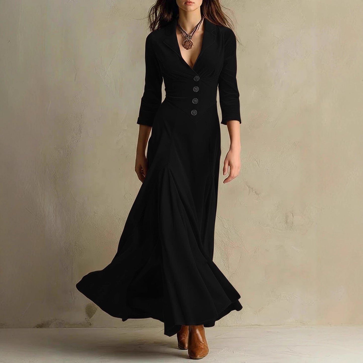 Women's Color Buttons Lapel Sleeve Maxi Waist Dress