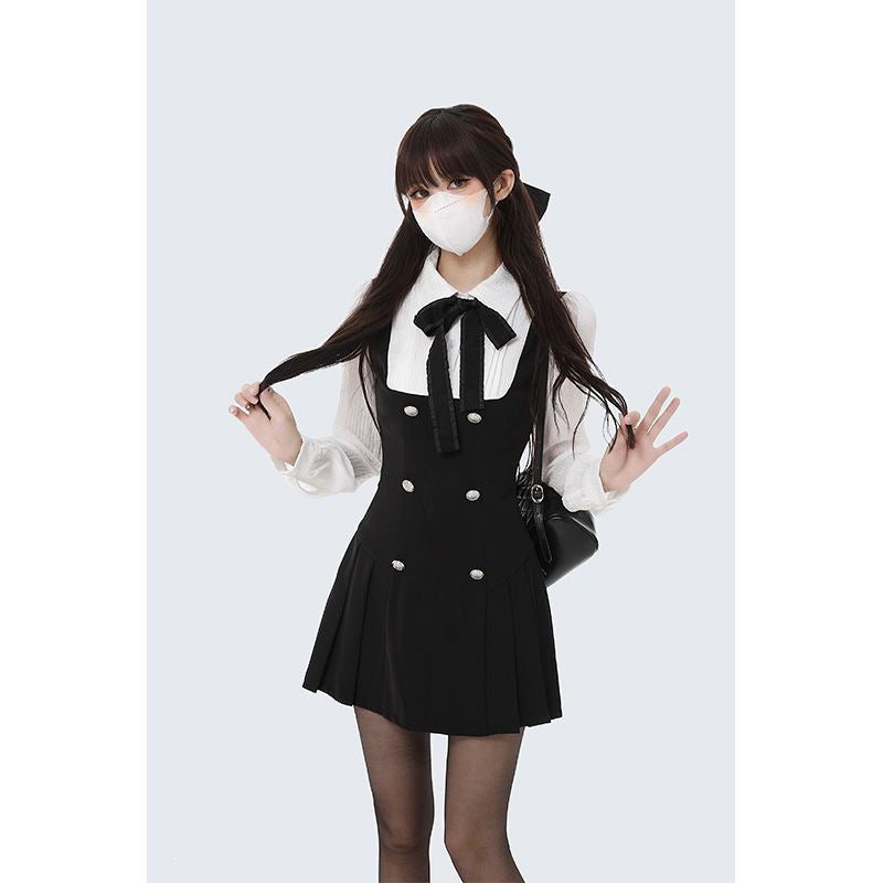 Women's Spring Sweet Pure Rich Long-sleeved Slimming Lapel Fake Two Skirts