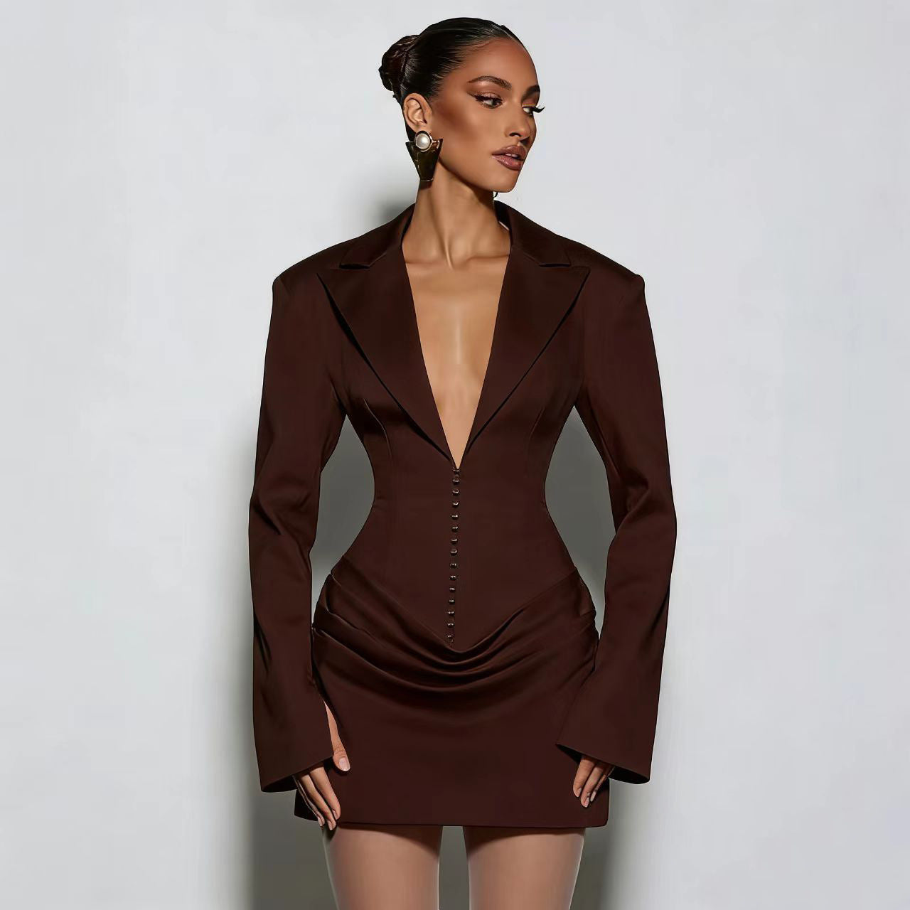 Women's Solid Color Fashion Deep V Lapel Waist Tight Clothing