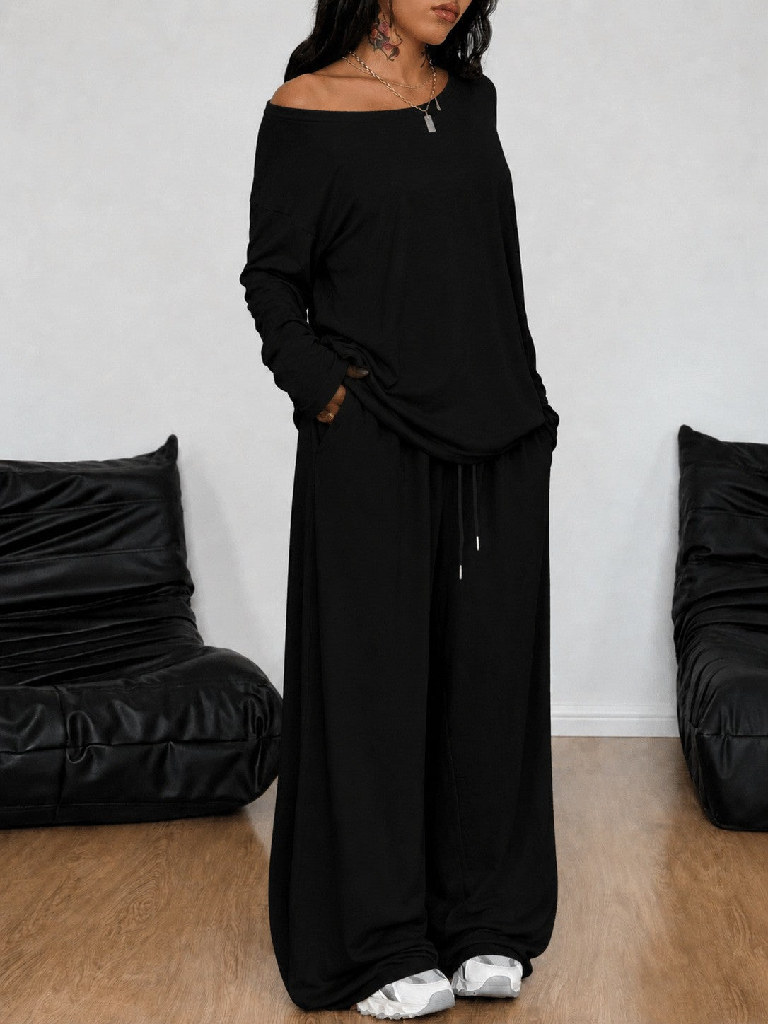 Women's Collar Wide Leg Solid Color Sports Two-piece Fashion Casual Suit