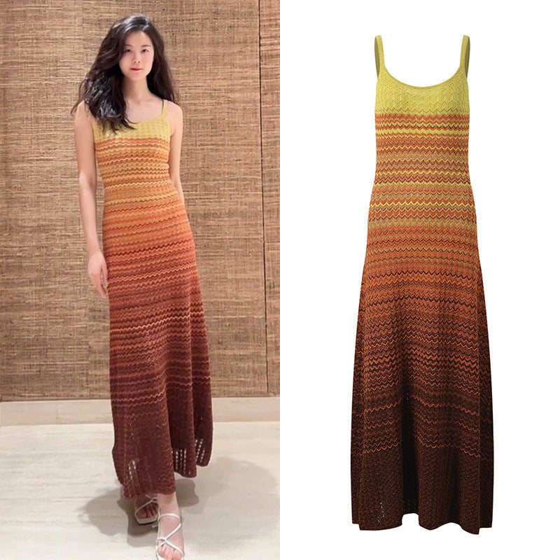 Women's Gradient Striped Knitted Slimming Blue Suspender Dress