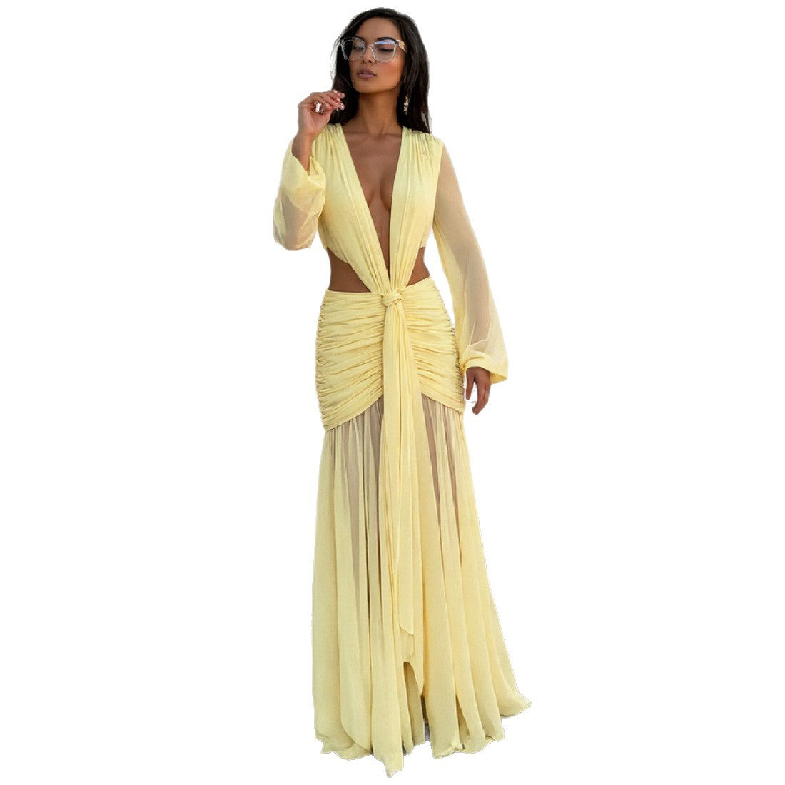 Women's Sexy Mesh Deep Pleated Long-sleeved Dress Dresses