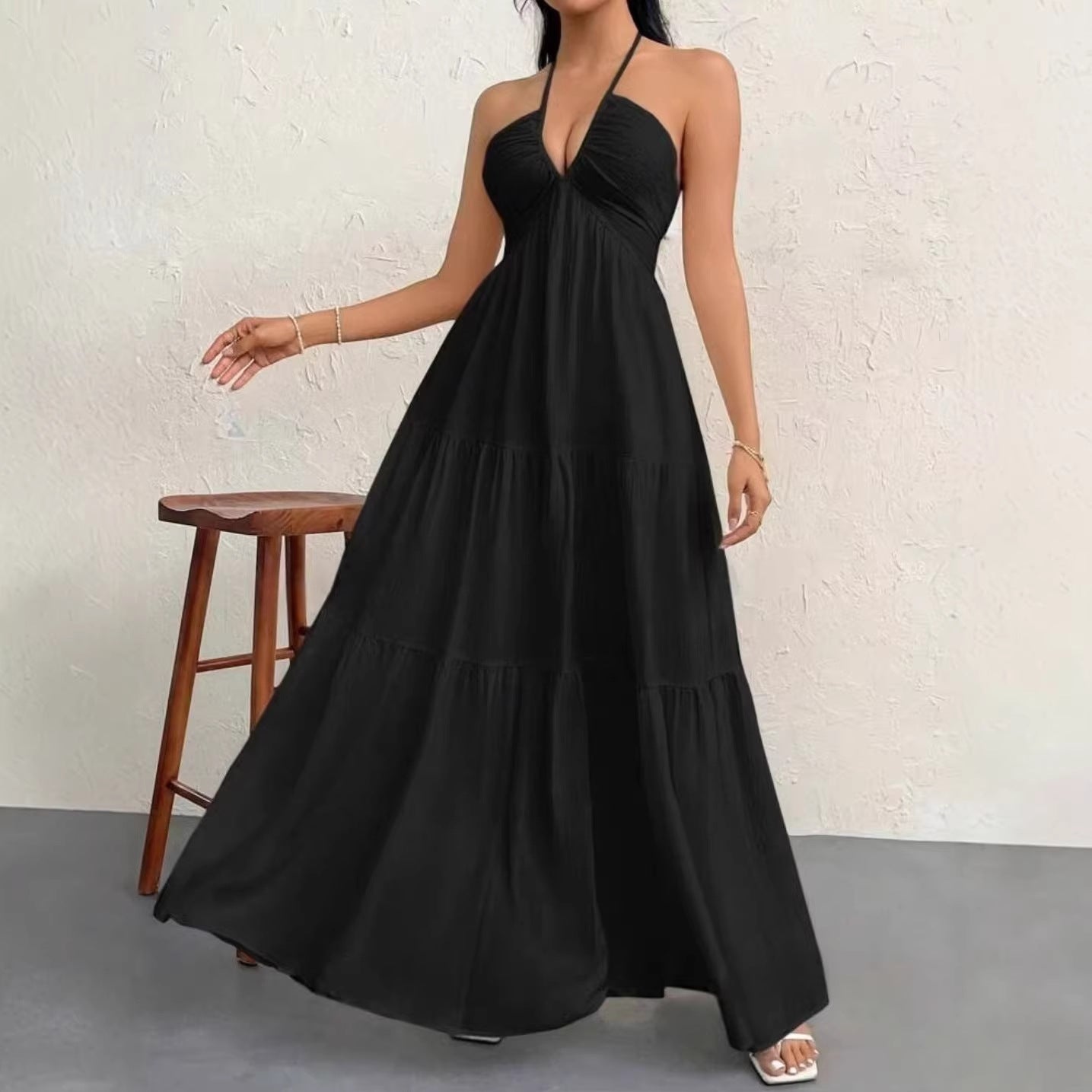 Women's V Shoulder Bohemian Style Belt Festival Dress