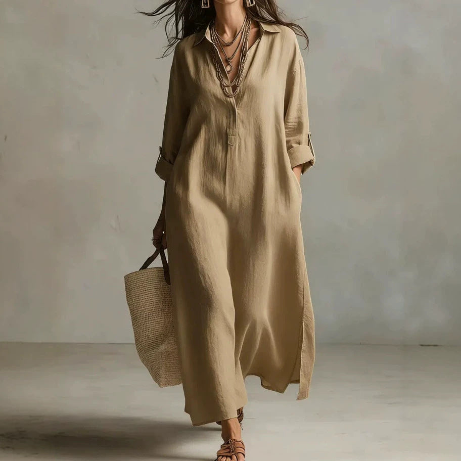 Solid Color Polo Collar Casual Long Sleeve Shirt Idle Dress