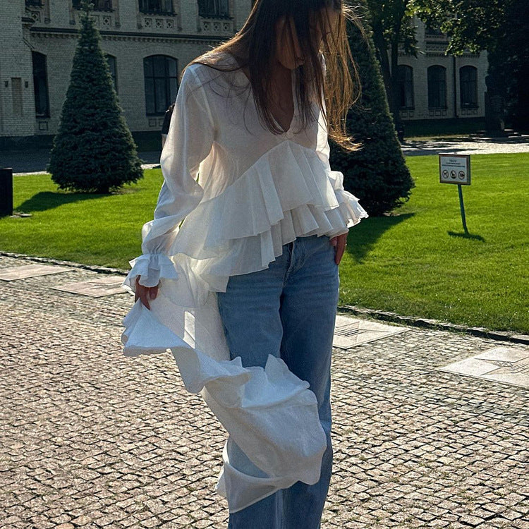 Women's Niche Design Ruffled Mopping Hem Shirt Flared Sleeves Blouses