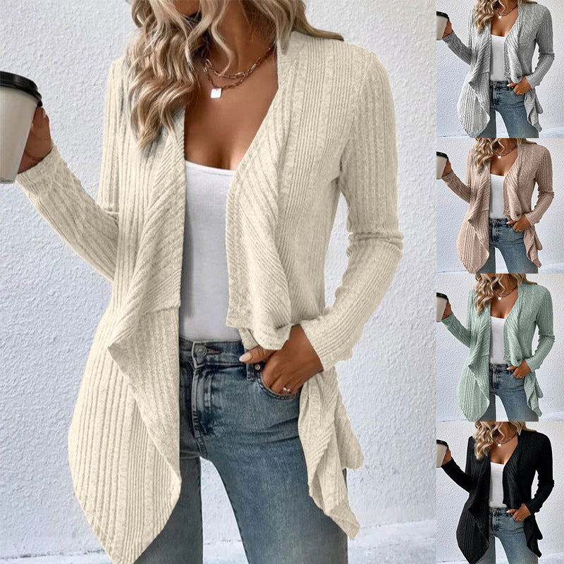 Women's Fashion Solid Color Knitted Placket Long Cardigans