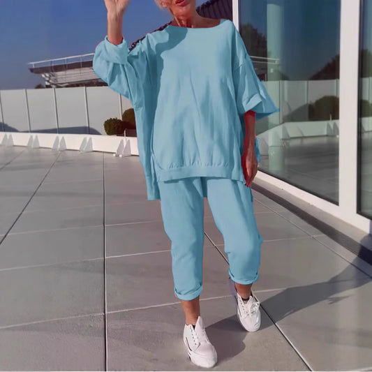 Women's Casual Solid Color Round Neck Long Suits
