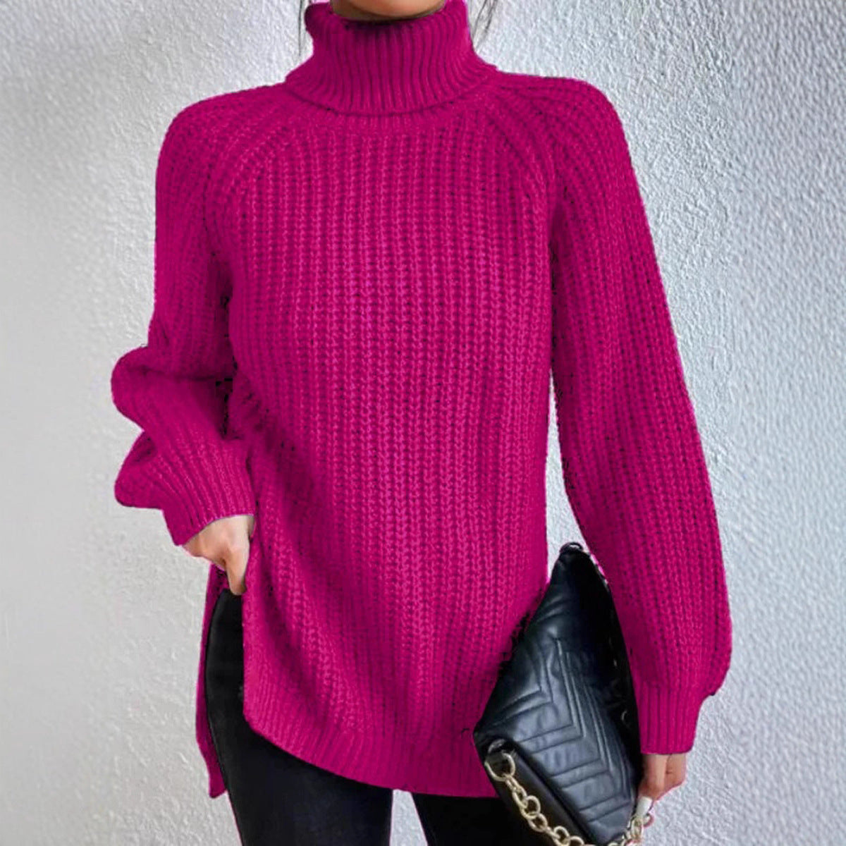 Women's Mid-length Raglan Sleeve High Lapel Split Knitwear