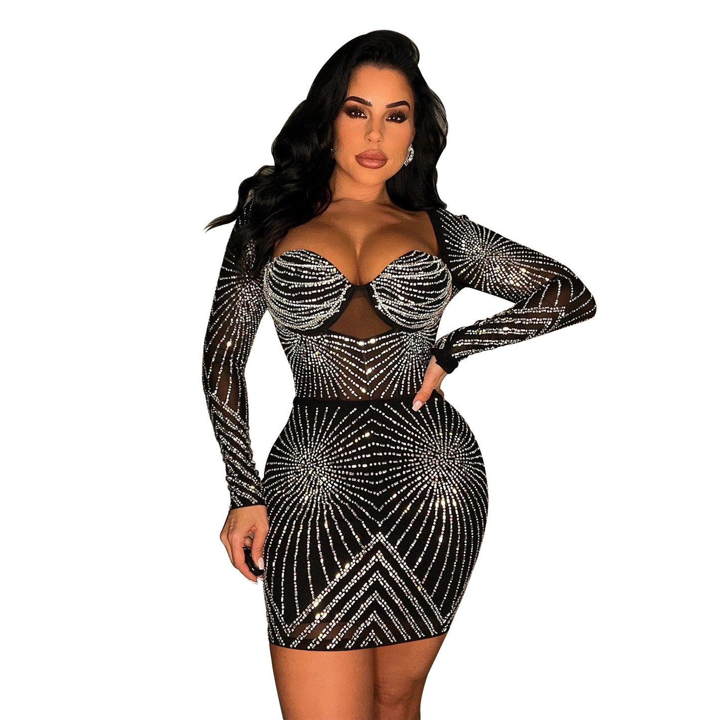 Women's Wear Pure Color Mesh Rhinestone Long Dresses