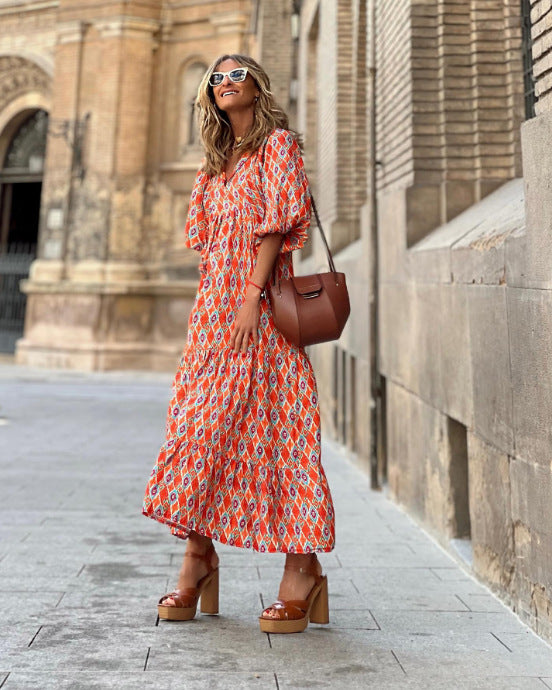 Women's Autumn Geometric Print Puff Sleeve Dress Dresses