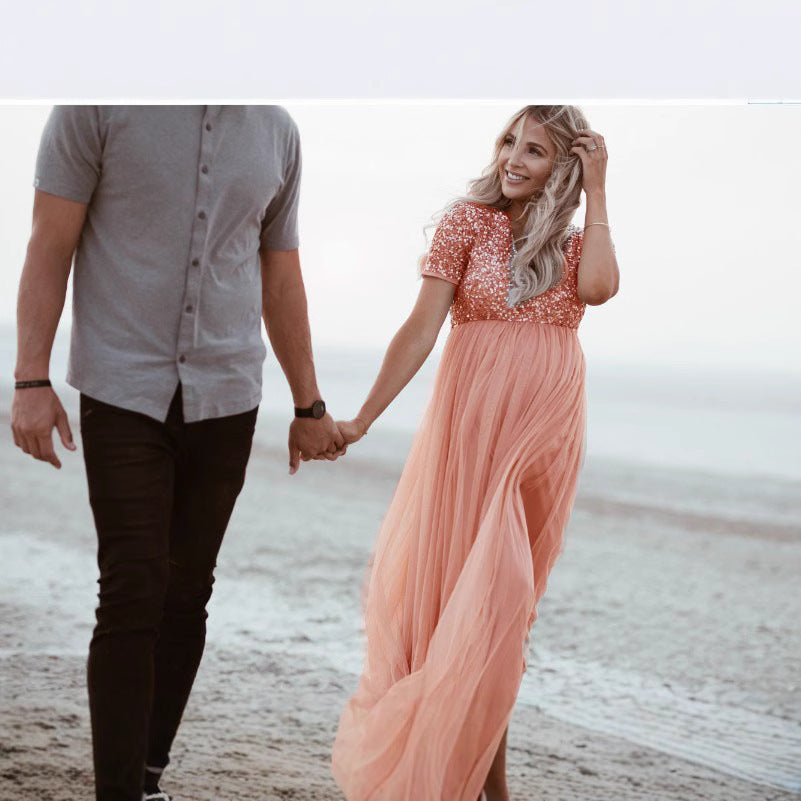 Women's Mesh Pregnant Floating Solid Color Sleeve Dresses