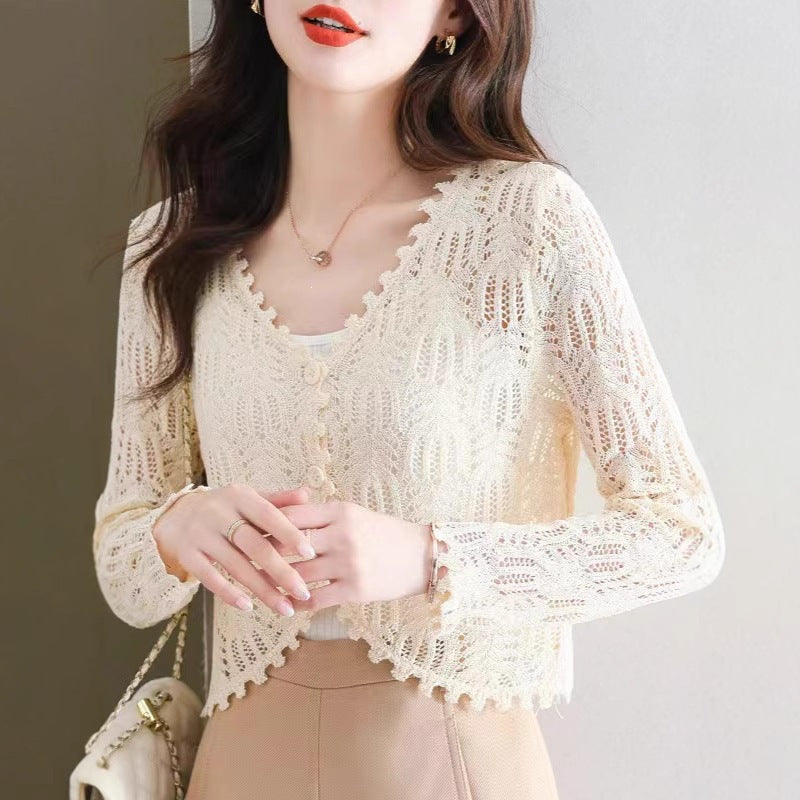 Women's Cape Long Sleeve Sunscreen Hollow Out Crochet Knitted For Shorts