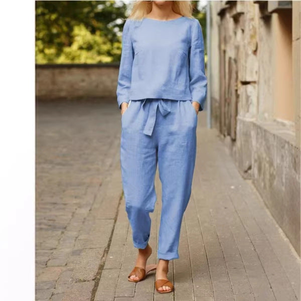 Women's Elastic Waistband Long-sleeved Trousers Solid Color Fashion Casual Suit