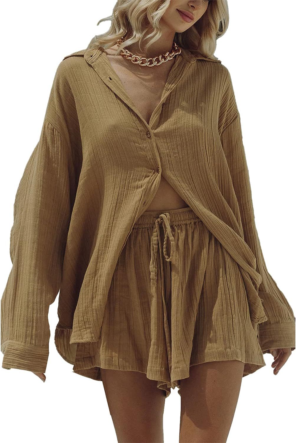 Women's Casual Two-piece Summer Long Sleeve Shirt Suits