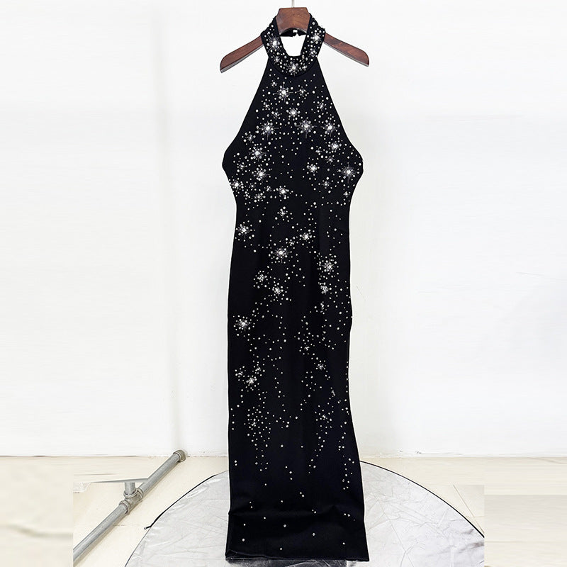 Fashion Three-dimensional Beads Rhinestones Stretch Halter Dress
