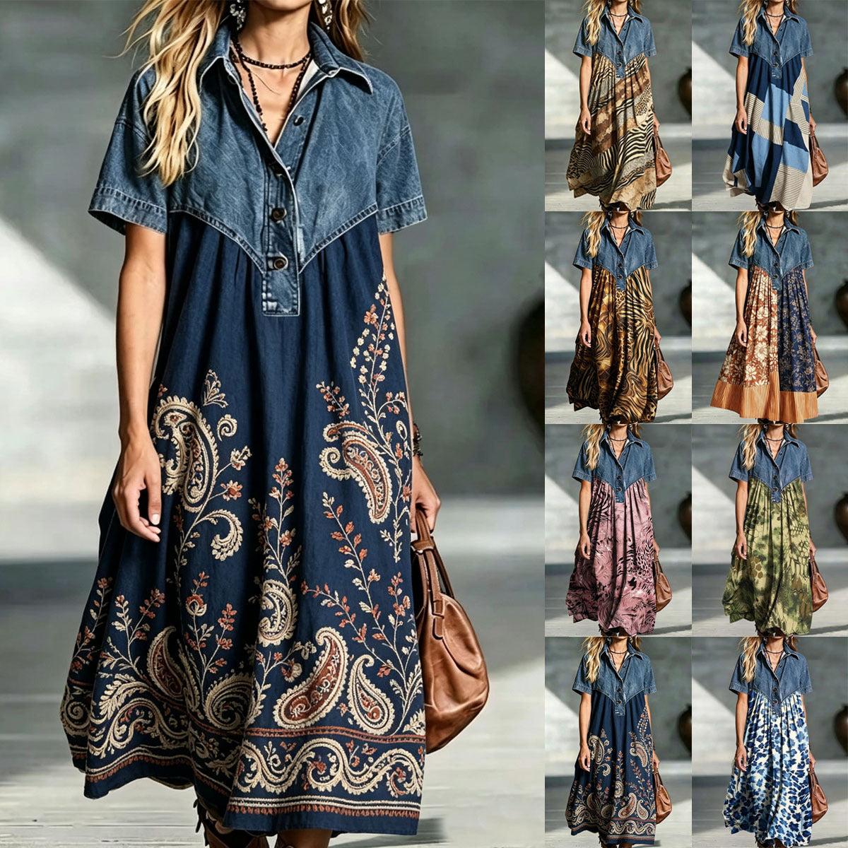 Women's Casual Fashion Denim Stitching Loose Retro Dress