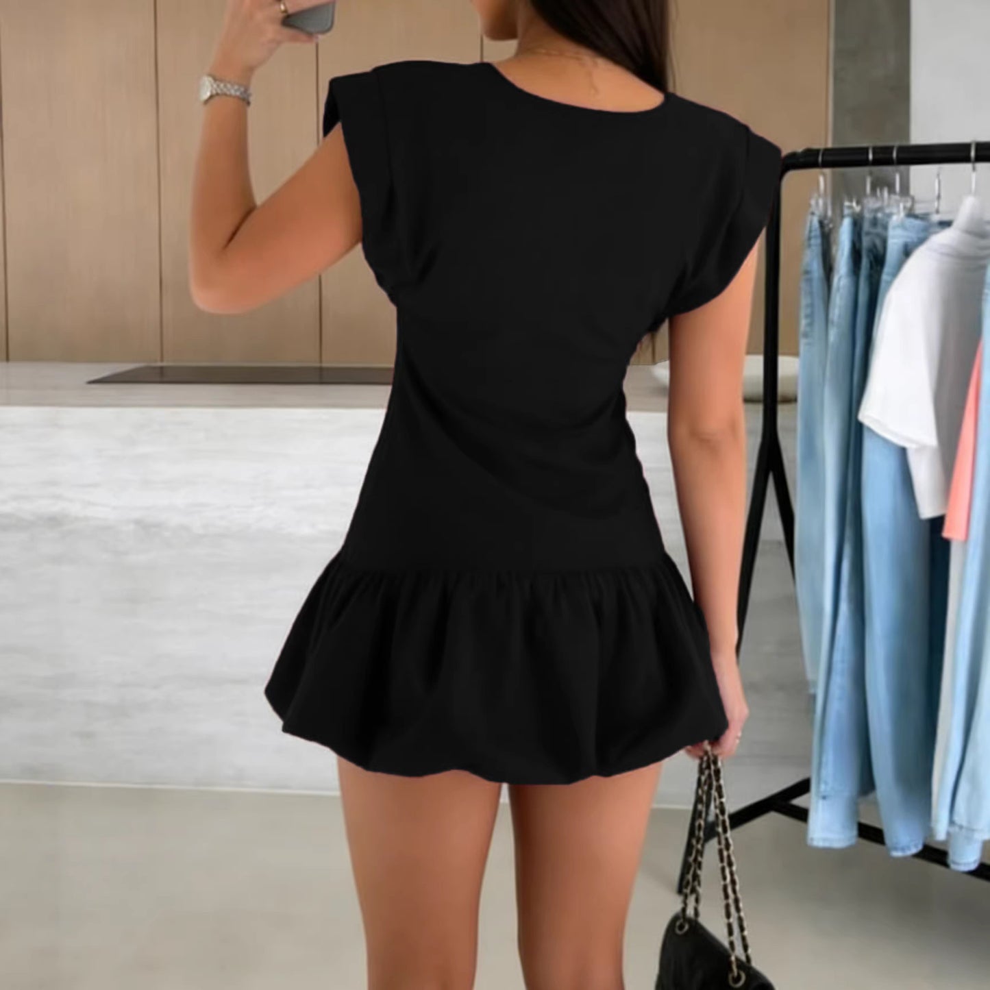 Women's Solid Color Fashion Short-sleeved Ruffled Dress