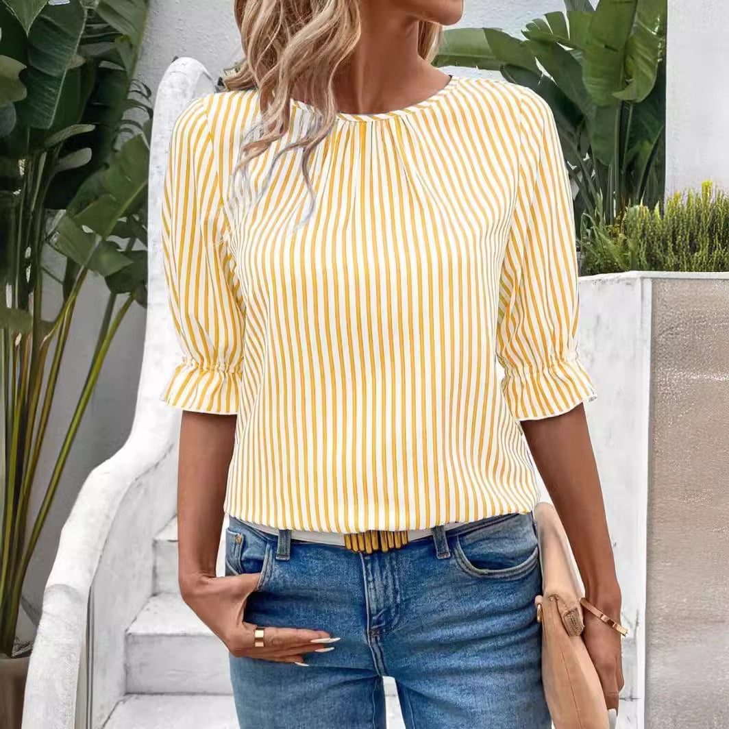Fashion Blue Striped Button Design Shirt Blouses