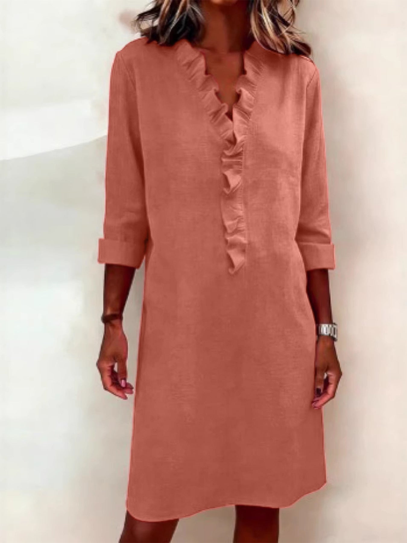 Women's Slimming Wooden Ear Long Sleeve Cotton Linen Dress