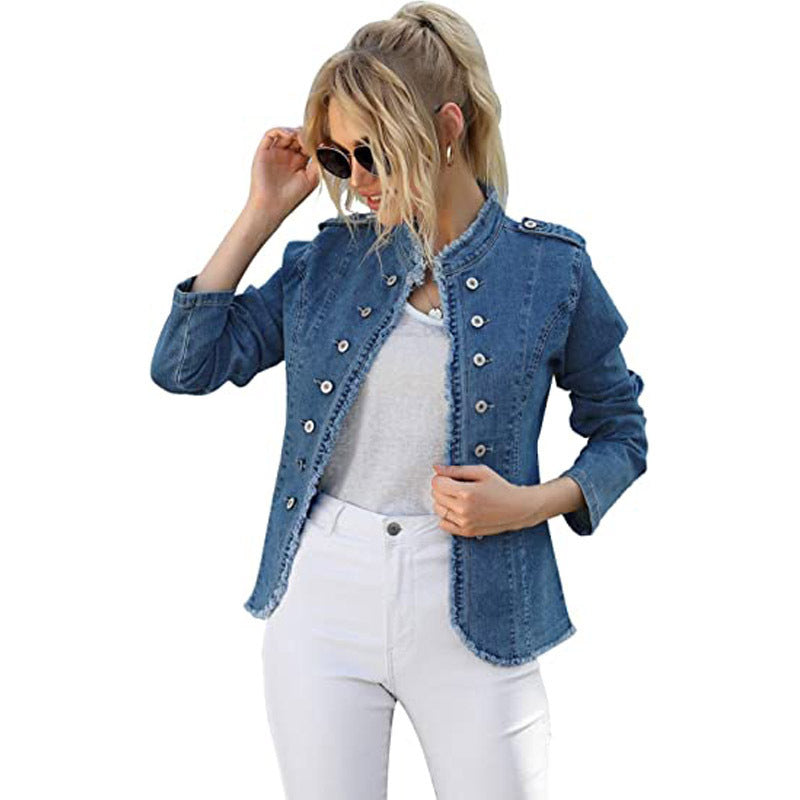 Women's Denim Cat Beard Single-breasted Stand-up Collar Thin Jackets