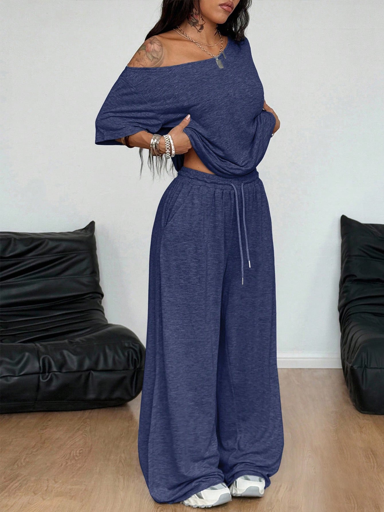 Women's Diagonal Collar Wide Leg Solid Color Sports Two-piece Loose Suits