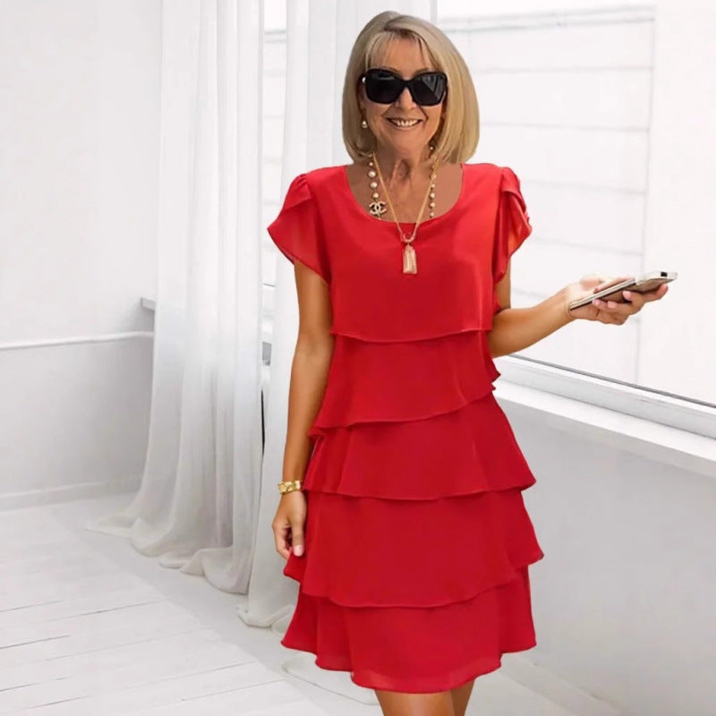 Women's Sleeve Cake Solid Color Round Neck Dress