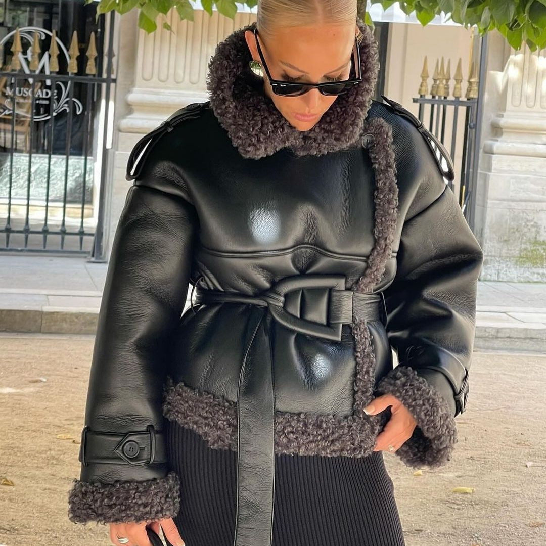 Women's Fur Integrated Personality Street Waist Trimming Coats