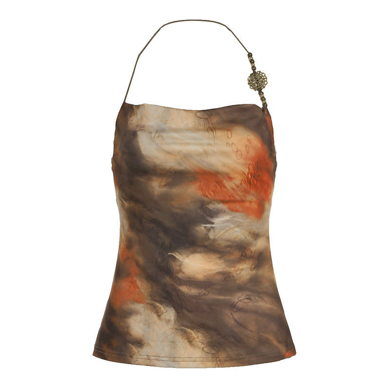 Color Printed Sexy Beaded Halter Backless Hot Tops