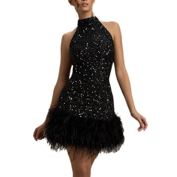 Women's Sexy Sleeveless Slim Shiny Plush Dress Dresses
