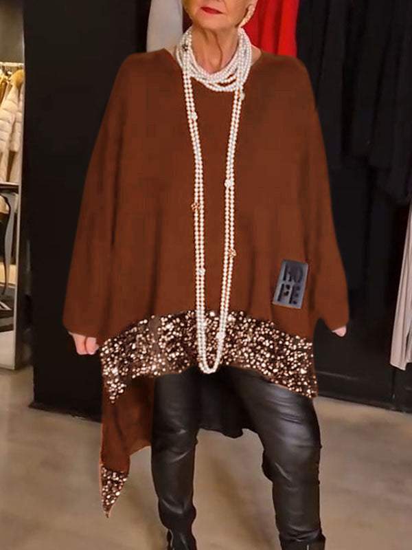 Irregular Hem Sequin Stitching Round Neck Blouses